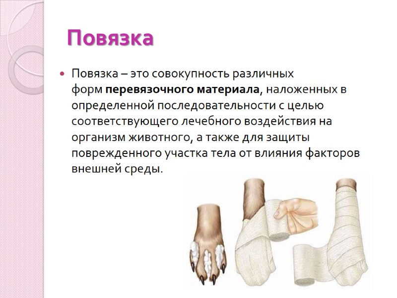 Повязка Повязка – это совокупность различных форм перевязочного материала, наложенных в определенной последовательности с